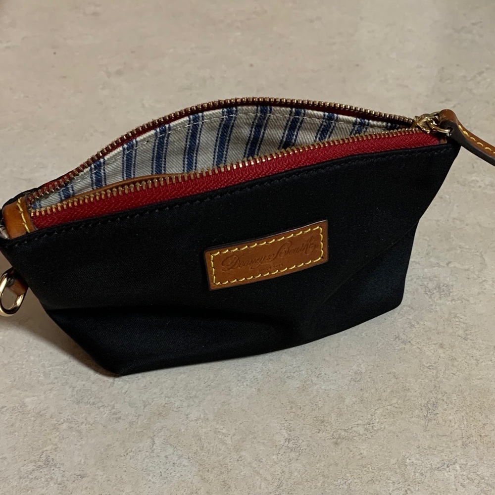 Dooney & Bourke Black Nylon Pouch Cosmetic Bag With Red Accents Brown Leather